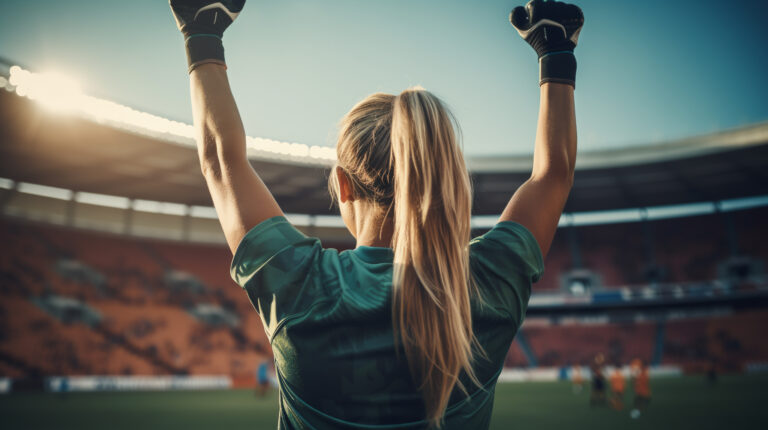 Rear view of a female soccer goalie as she raises her fist in the air before a game
